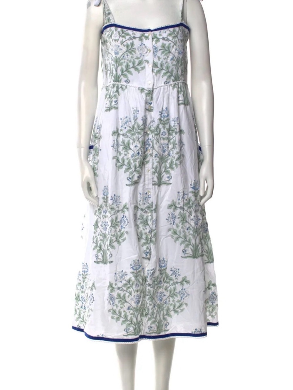 Juliet Dunn Palladio print cotton midi dress in white and blue.